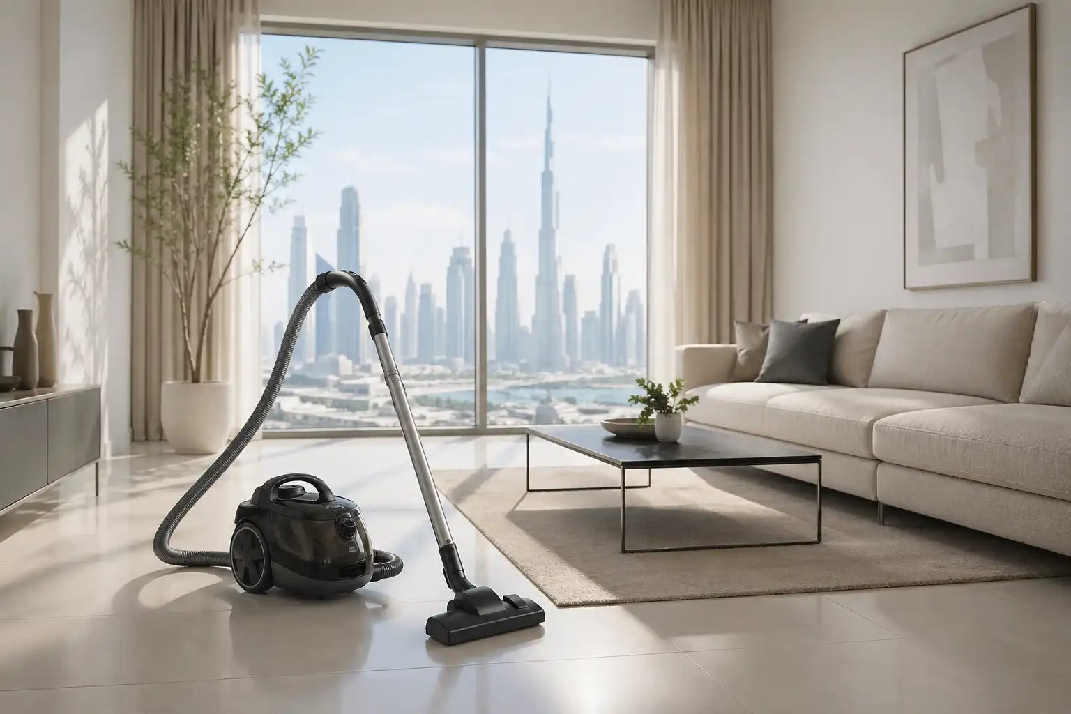 Contact CleanLivingUAE - Modern clean UAE apartment living room, bright natural light, large window with subtle Dubai skyline in the background, vacuum cleaner on clean tiled floor, minimal furniture, calm neutral colors, realistic editorial photography, no people, no text overlay, professional website hero image