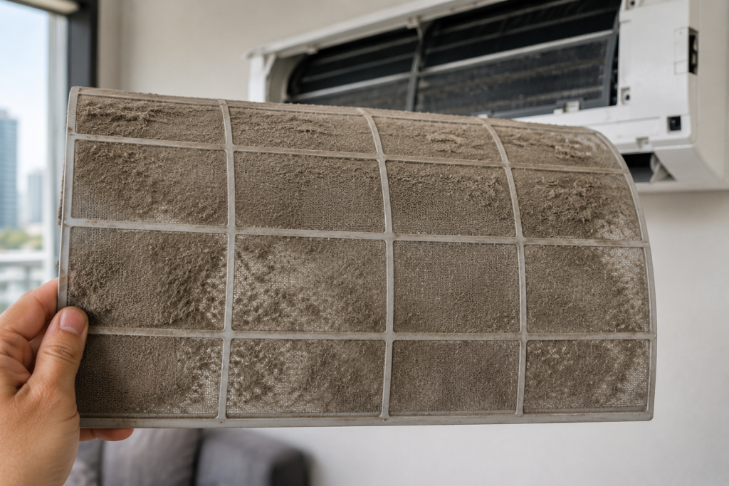 dusty AC filter removed from UAE apartment split unit showing heavy desert dust accumulation