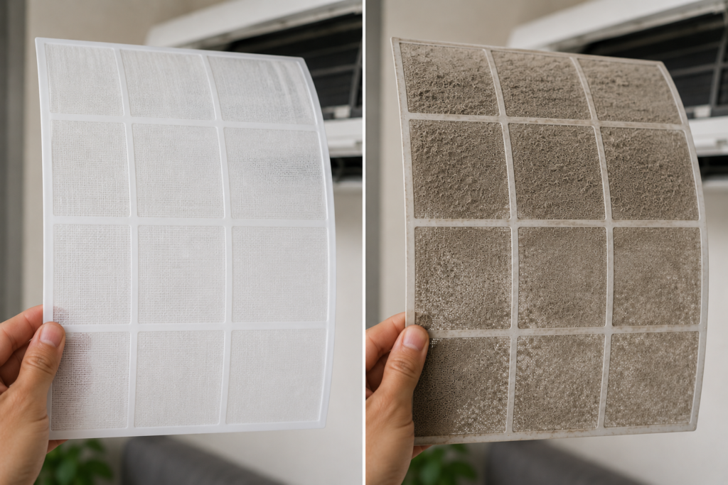 before and after comparison of clean vs dirty AC filter in UAE apartment