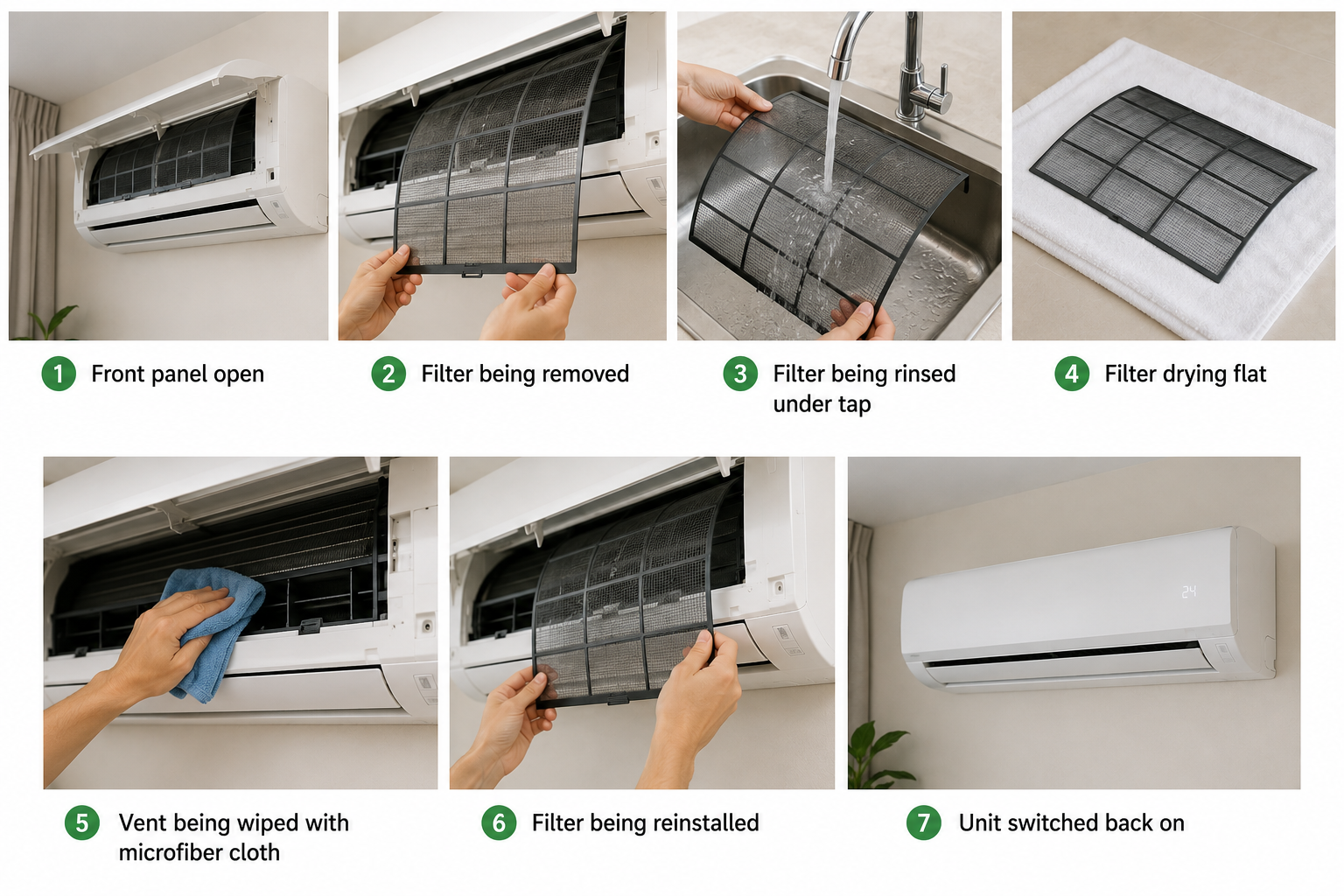 opening AC front panel UAE apartment; removing dusty AC filter split unit UAE; rinsing AC filter under cool water UAE; AC filter drying before reinstallation UAE; wiping AC vent cover microfiber cloth UAE; reinstalling clean AC filter split unit UAE; switching on AC after filter cleaning UAE.