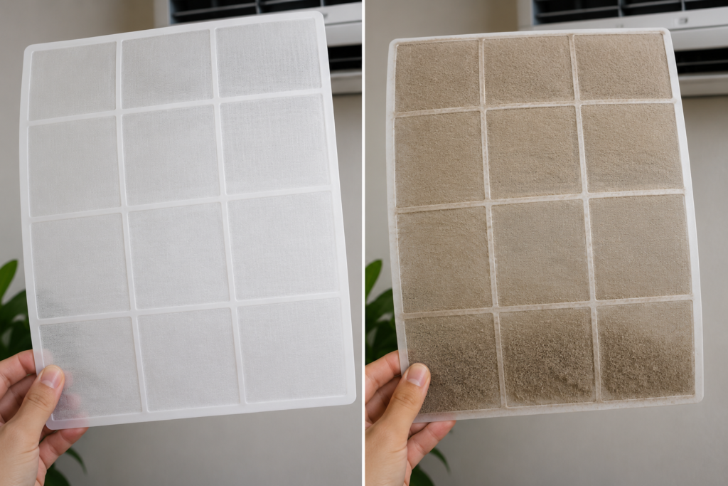 UAE AC filter before and after sandstorm showing rapid dust accumulation requiring immediate cleaning.
