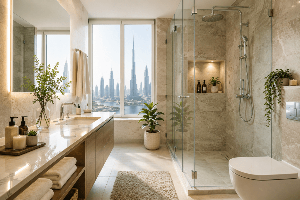 Bathroom Cleaning UAE-Modern luxury UAE bathroom with frameless glass shower, marble tiles, floating vanity, and Dubai skyline view through large window.