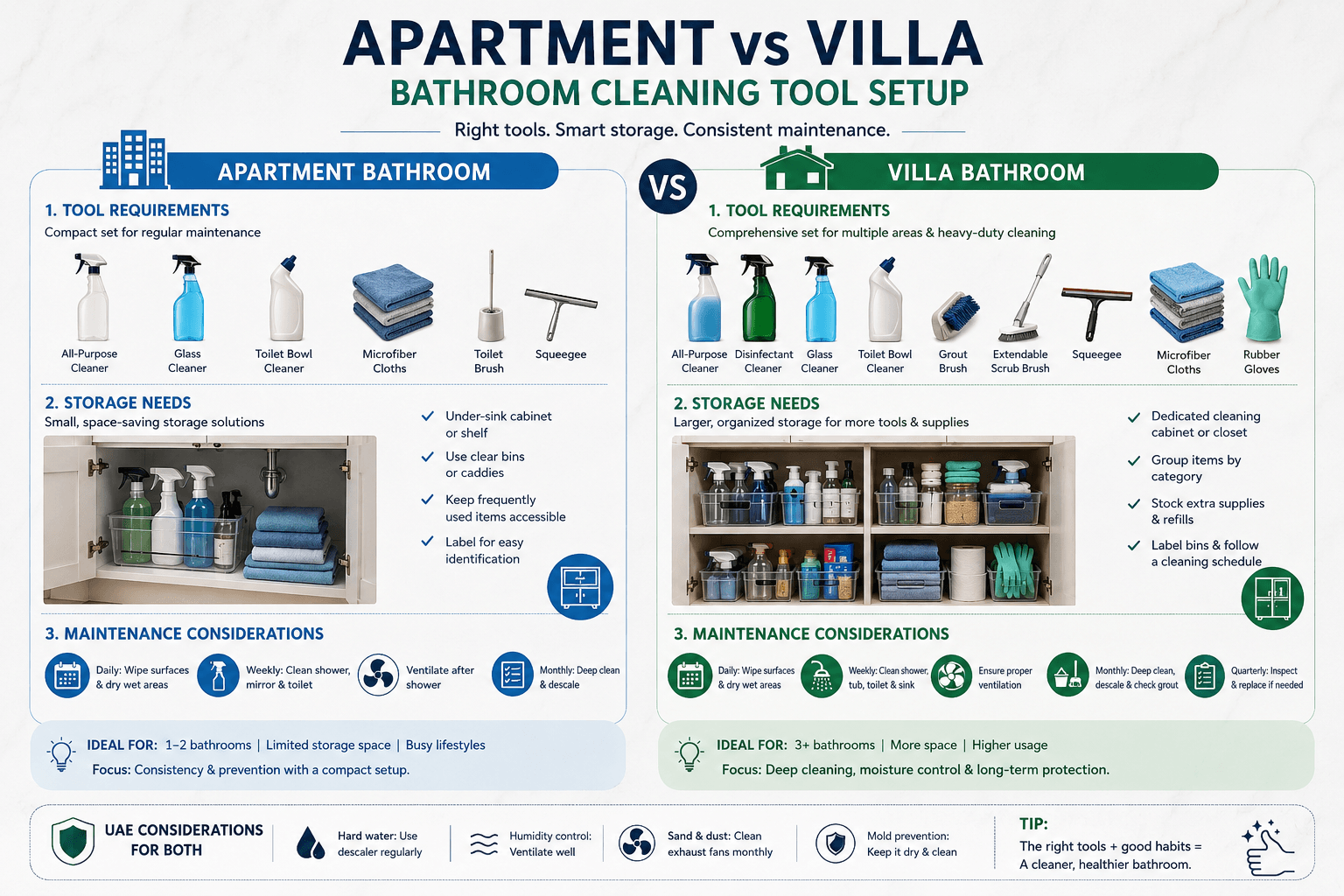 Apartment vs Villa Bathroom Cleaning Tool SetupDescription: Side-by-side comparison of tool requirements, storage needs, and maintenance considerations.