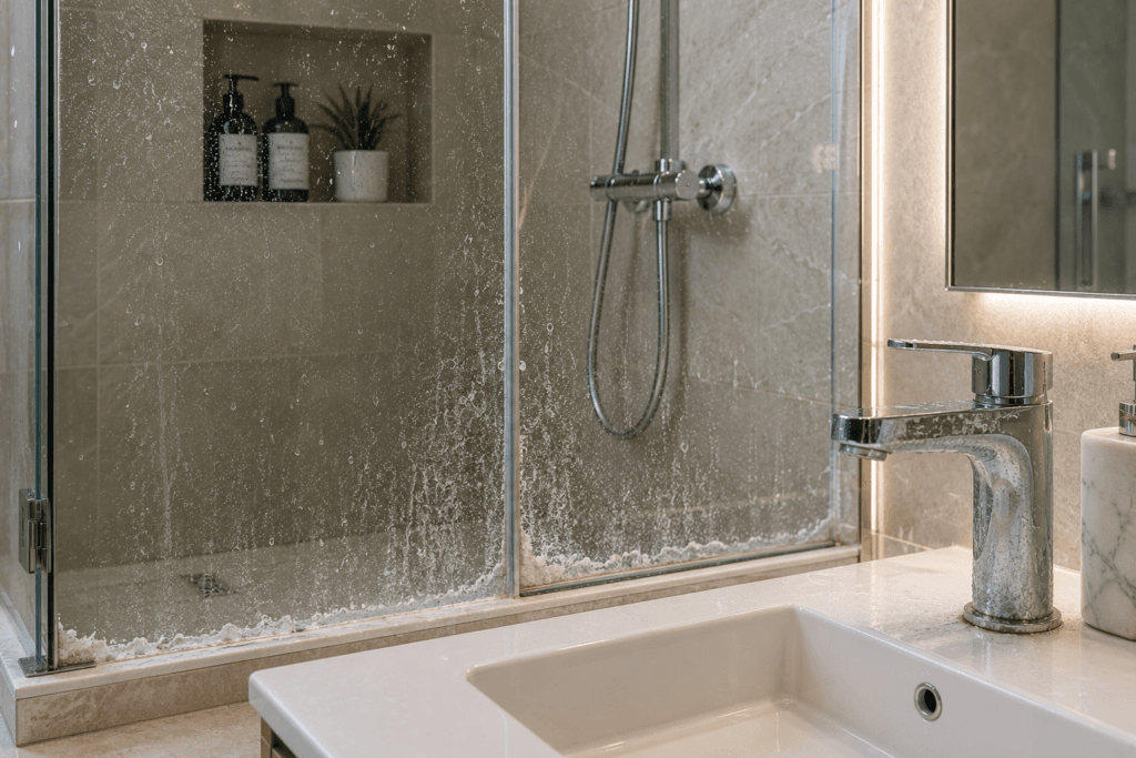 Hard water buildup on shower glass and chrome fixtures in a UAE bathroom.
