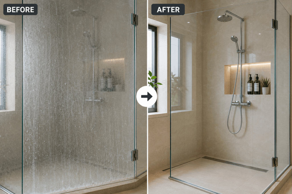 Hard water stain removal comparison on shower glass in a UAE bathroom.