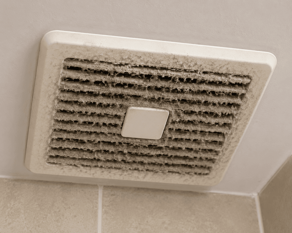Dust-clogged bathroom exhaust fan cover in a UAE home, showing reduced airflow.