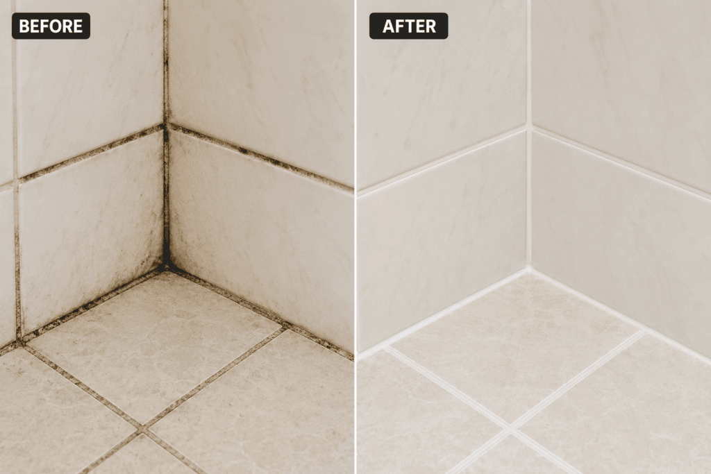 Before and after grout cleaning comparison for UAE bathroom tiles.