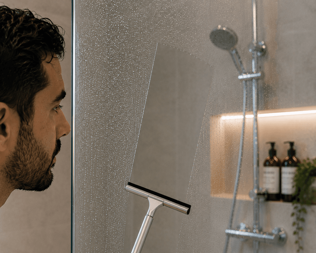 Proper use of a shower squeegee to prevent hard water stains in a UAE bathroom.