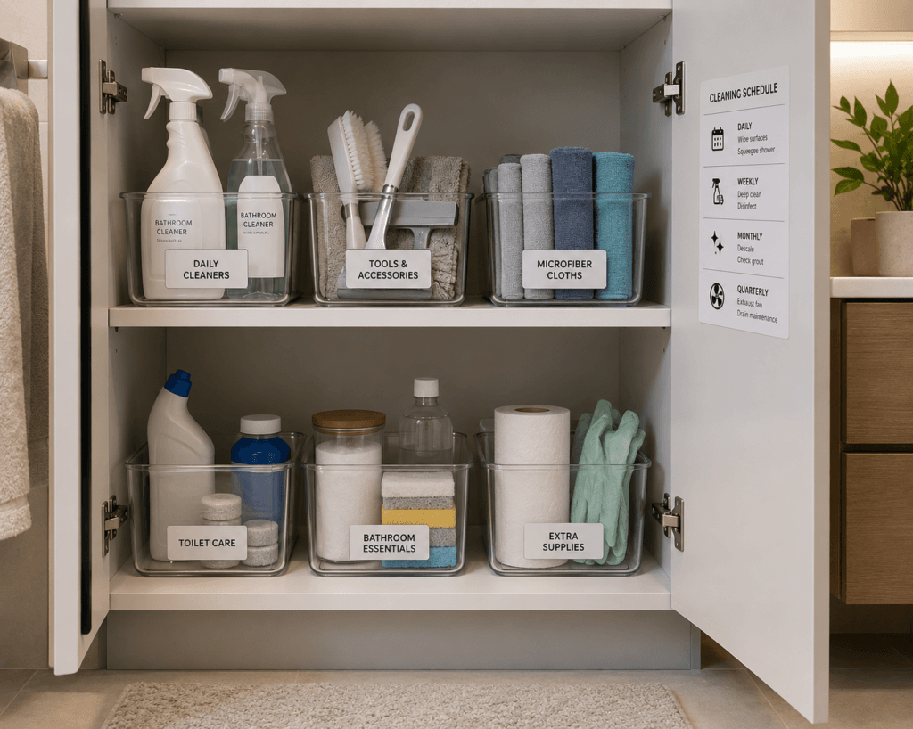 Compact apartment bathroom cleaning supply storage system in the UAE.