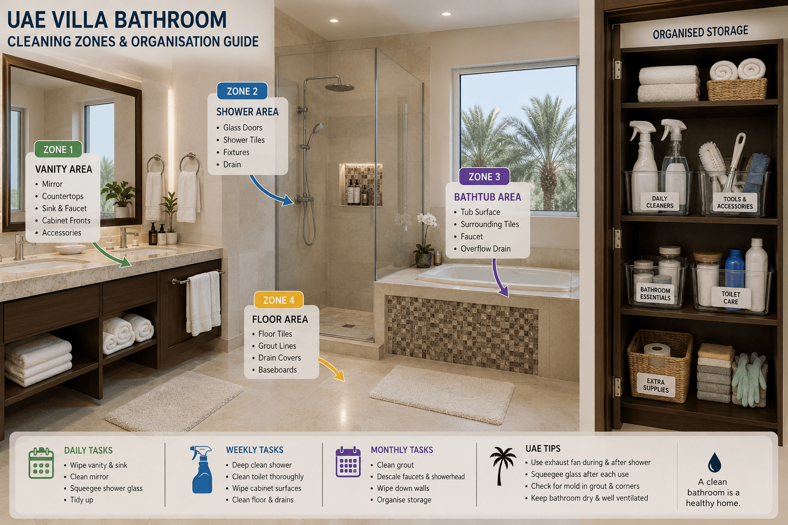 Villa bathroom cleaning zones and maintenance organisation system.