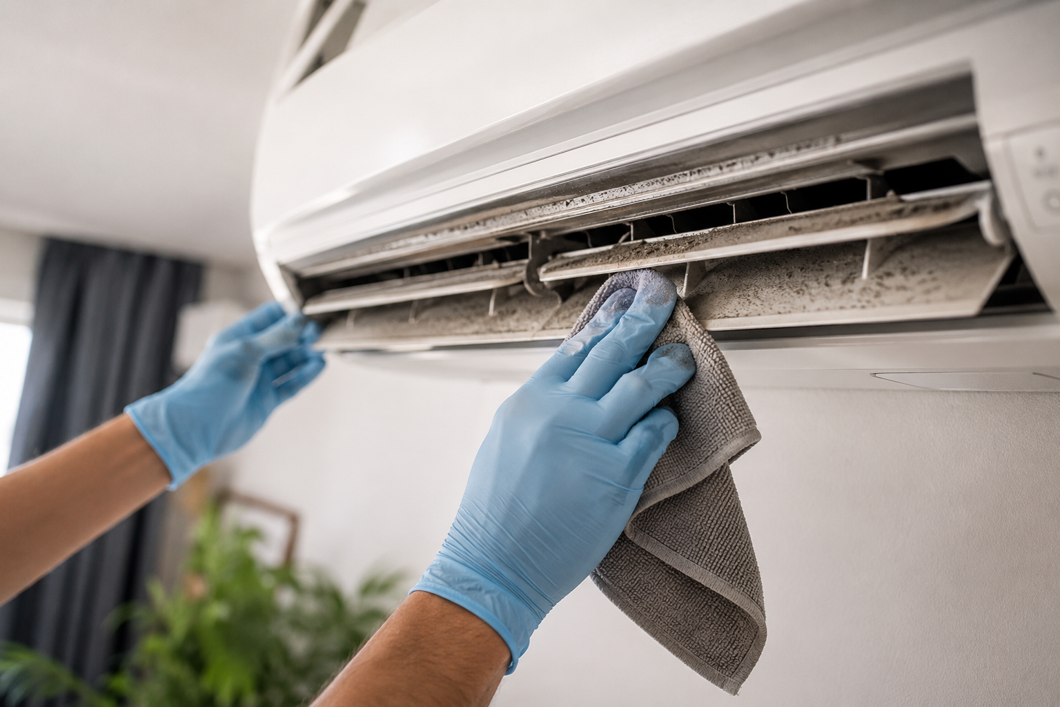 Close-up of a dusty AC vent being cleaned with a microfiber cloth in a modern UAE apartment interior.