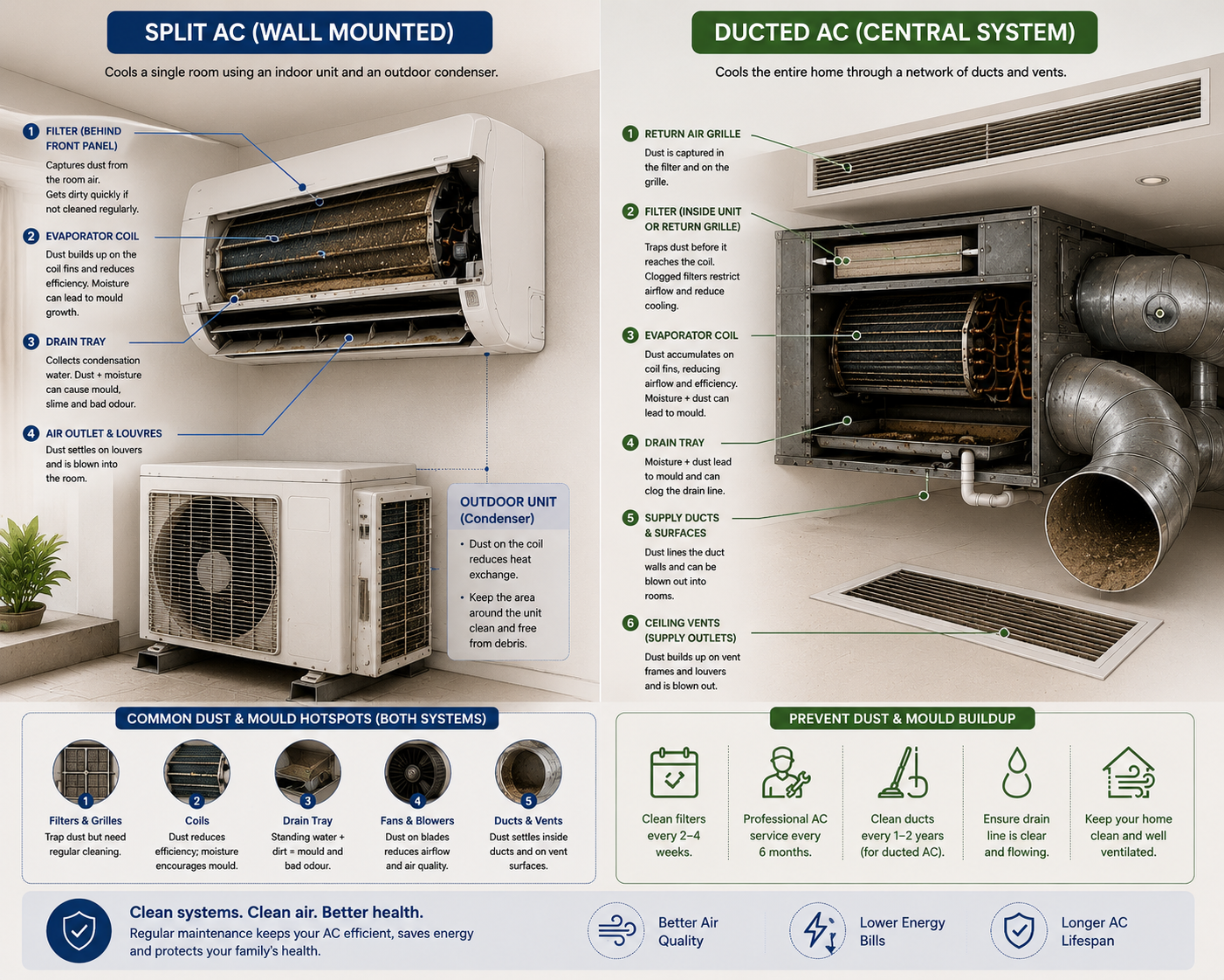 "Split AC vs Ducted AC: Where Dust Hides" - a cross-section diagram of both system types showing filter location, coil, drain tray, and duct surfaces where dust and mould accumulate. 