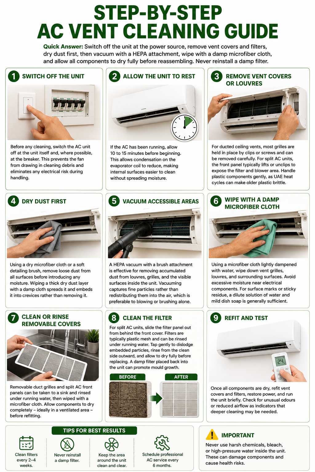 "Step-by-Step AC Vent Cleaning Guide" - a numbered visual guide showing each cleaning step from power-off to dry reassembly.