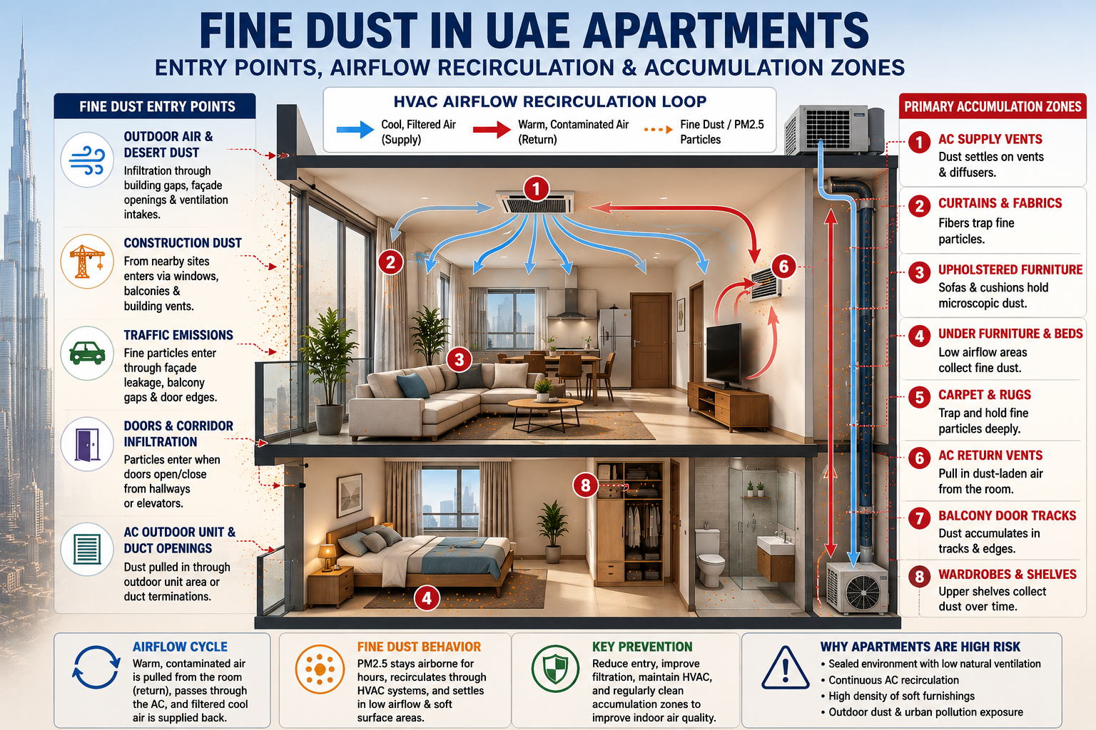 Cross-section of a UAE high-rise apartment showing fine dust entry points, HVAC airflow recirculation loop, and primary accumulation zones including AC vents, curtains, under-bed areas, and balcony door tracks.