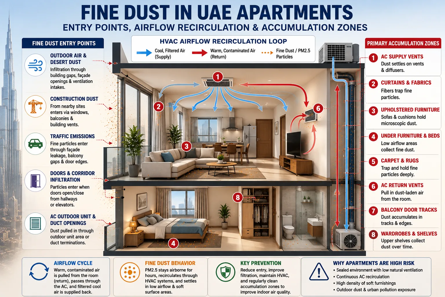 Cross-section of a UAE high-rise apartment showing fine dust entry points, HVAC airflow recirculation loop, and primary accumulation zones including AC vents, curtains, under-bed areas, and balcony door tracks.