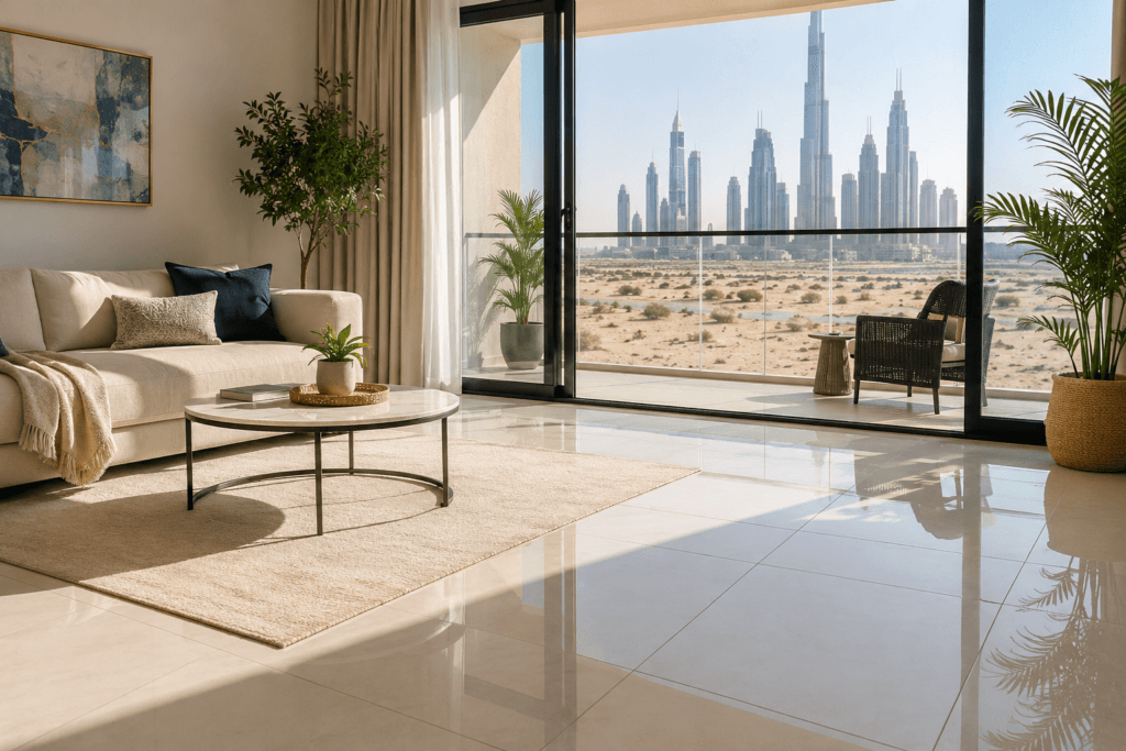 Floors and Tiles Cleaning UAE-Modern UAE apartment with clean tiled flooring, natural sunlight, and visible contrast between indoor cleanliness and the outdoor desert environment.