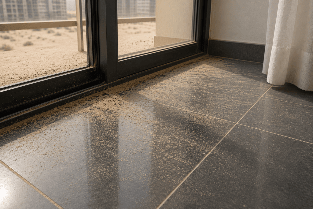 Fine desert dust visibly settled on a dark porcelain floor tile beside a balcony door.