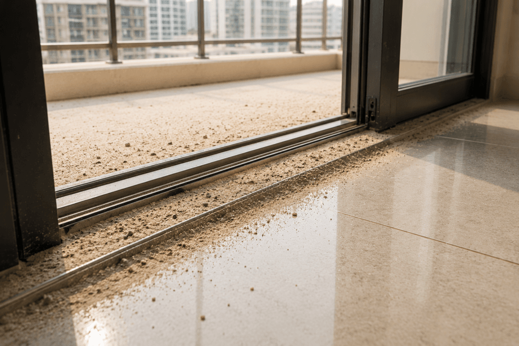 Balcony threshold showing fine sand accumulation before cleaning.