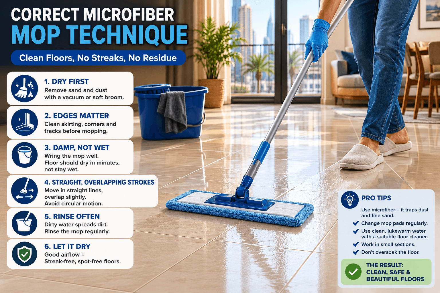 Correct microfiber mop technique on tiled flooring.