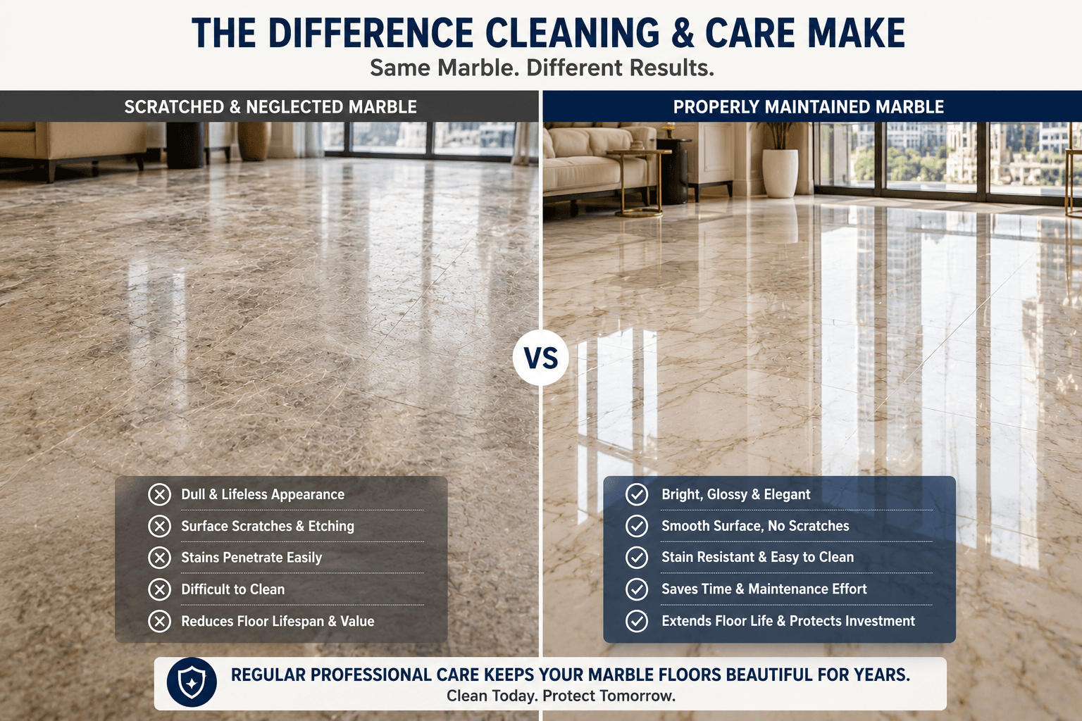 Side-by-side comparison of a scratched marble floor versus a properly maintained marble floor.
