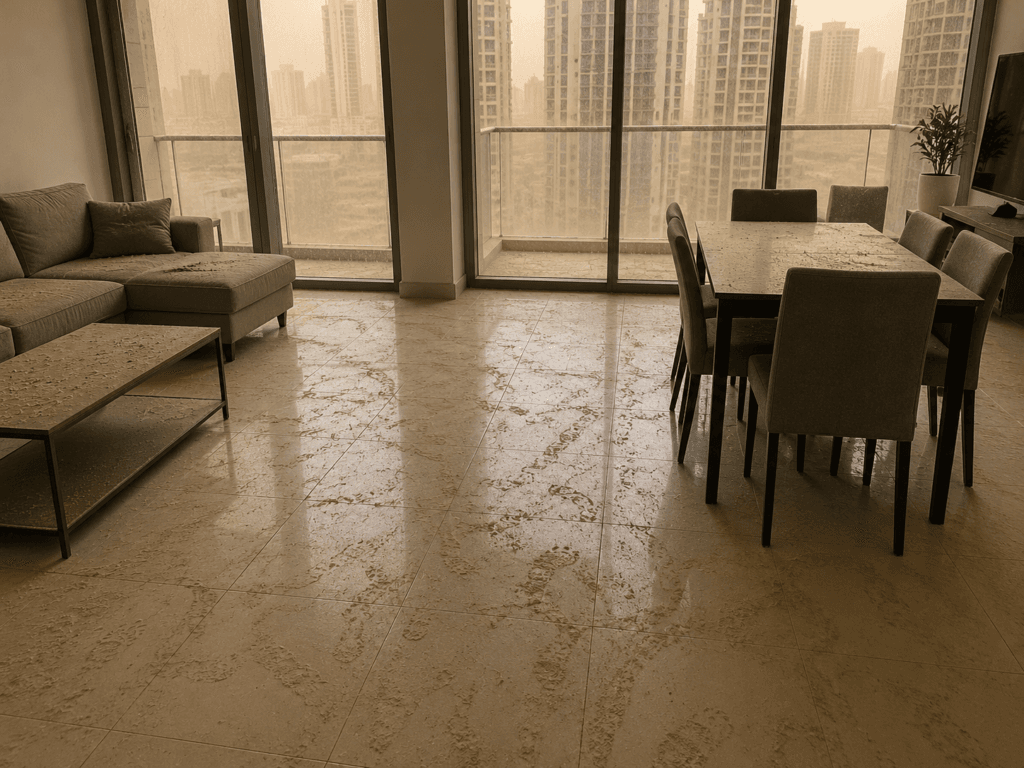 UAE apartment floor immediately after a dust storm with visible fine dust accumulation.