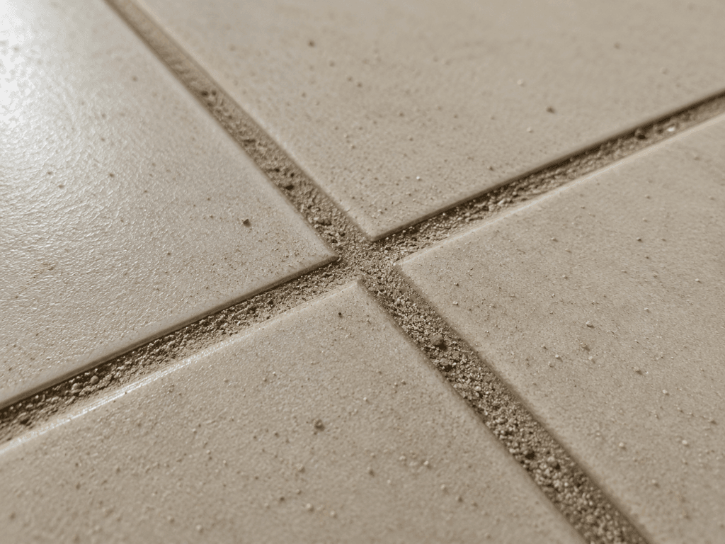 Close-up of ceramic tile grout with embedded dust and sand.