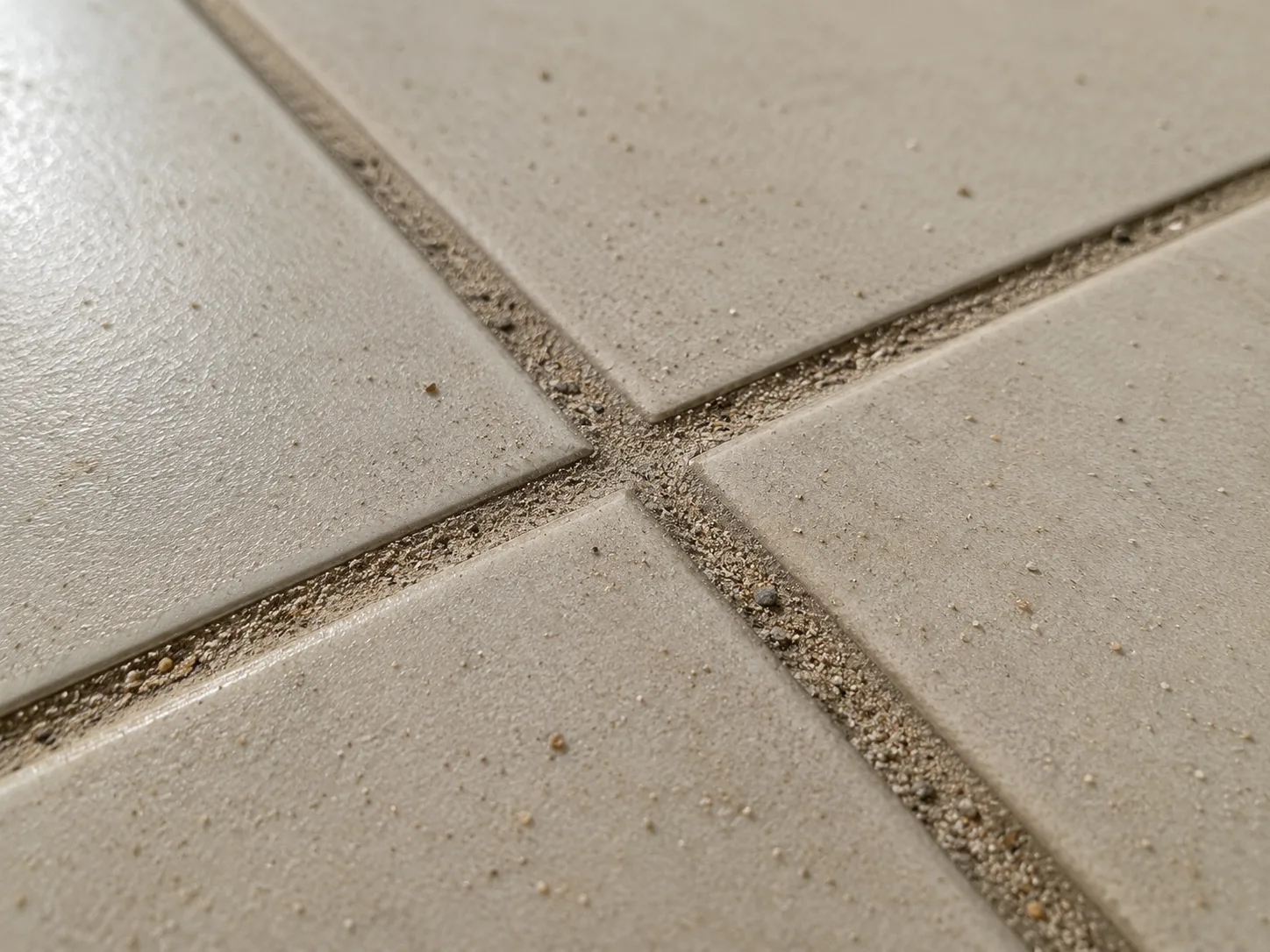 Close-up of ceramic tile grout with embedded dust and sand.