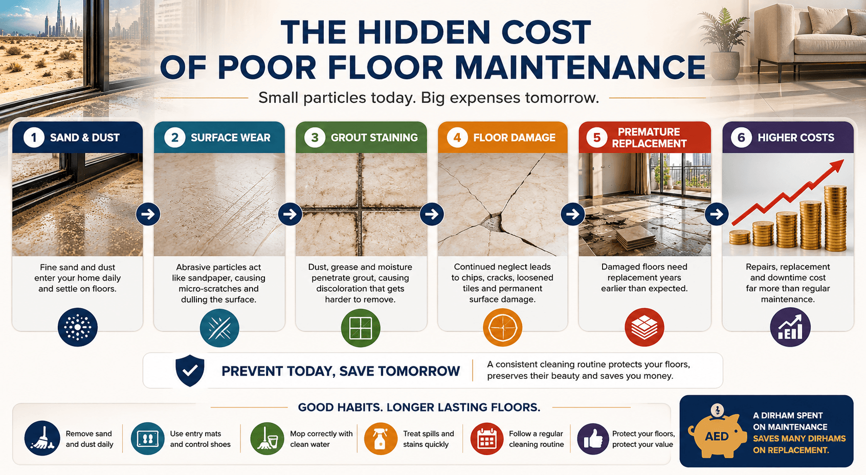 Hidden Cost of Poor Floor Maintenance. Flow: Sand & Dust - Surface Wear - Grout Staining - Floor Damage - Premature Replacement - Higher Costs.