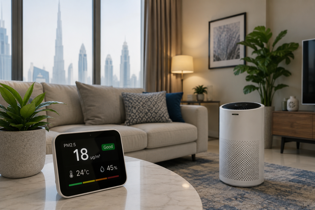 Indoor air quality UAE apartment setup with air purifier, PM2.5 monitor, and modern Dubai living room during dusty outdoor conditions.