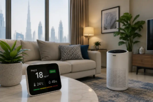 Indoor air quality UAE apartment setup with air purifier, PM2.5 monitor, and modern Dubai living room during dusty outdoor conditions.
