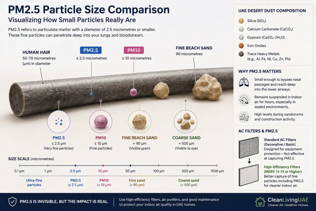 PM2.5 particle size comparison for UAE desert dust