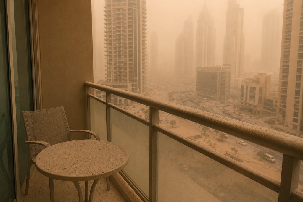 Dust accumulation on UAE apartment balcony after sandstorm