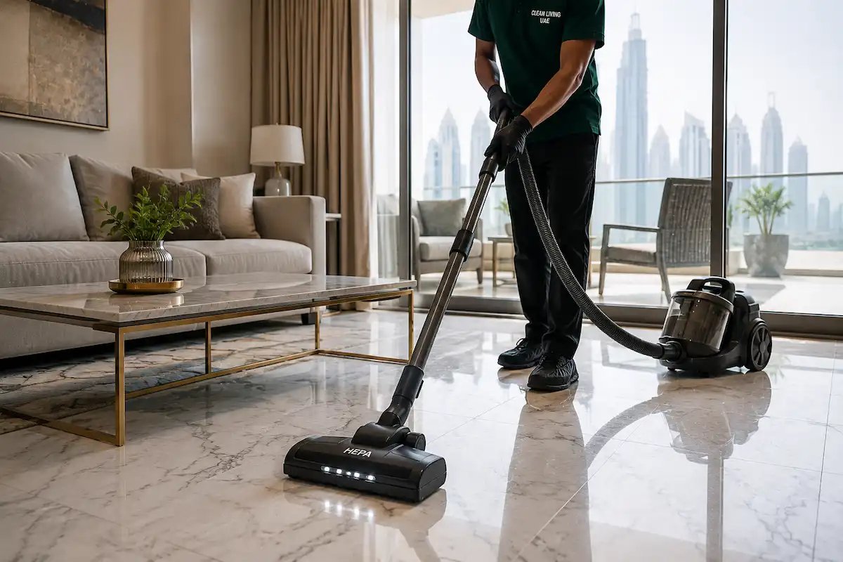 HEPA vacuum cleaner in use on UAE apartment marble floor