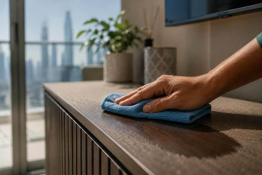 Microfiber cloth removing dust from surface in UAE apartment