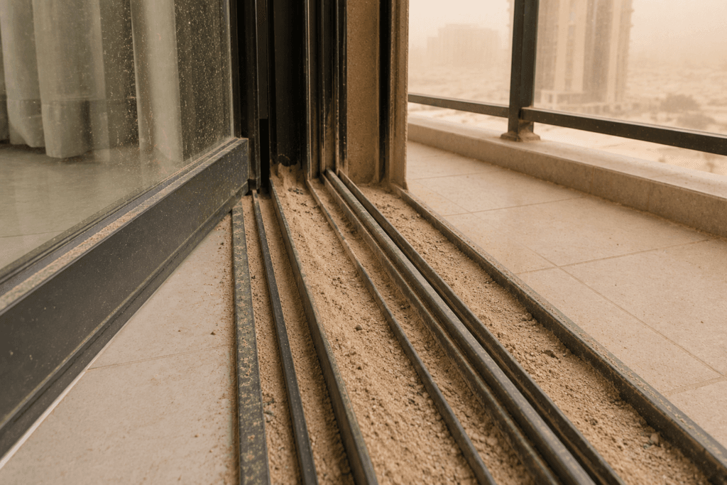 [IMAGE 3 — position here] Description: A balcony door track packed with accumulated sand. Alt text: Balcony door track filled with sand after a UAE sandstorm