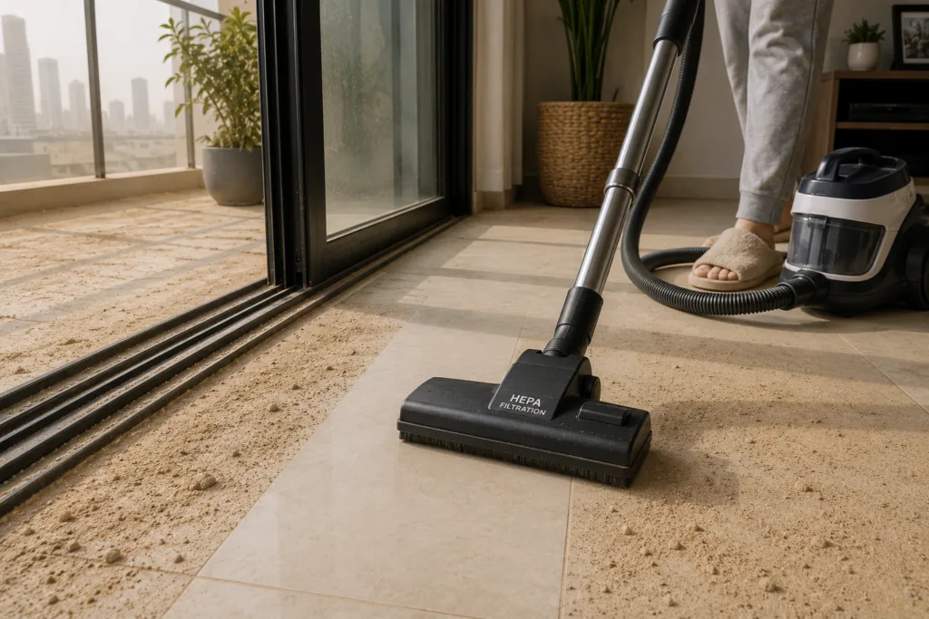[IMAGE 1 — position here] Description: A HEPA vacuum removing fine dust from tile flooring near a balcony entrance. Alt text: HEPA vacuum cleaning fine desert dust from tile floor near a UAE balcony