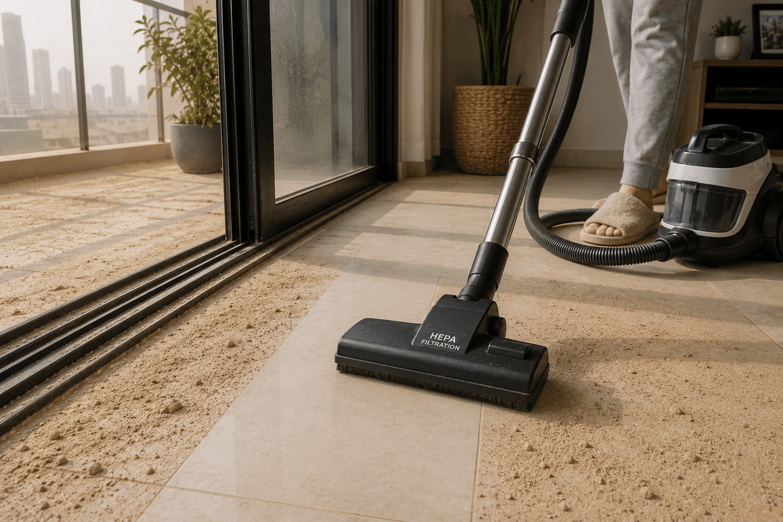 [IMAGE 1 — position here] Description: A HEPA vacuum removing fine dust from tile flooring near a balcony entrance. Alt text: HEPA vacuum cleaning fine desert dust from tile floor near a UAE balcony