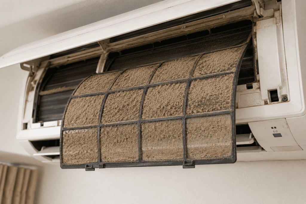 [IMAGE 2 — position here] Description: A split AC filter covered in desert dust after a sandstorm. Alt text: Split AC filter loaded with desert dust after a UAE sandstorm