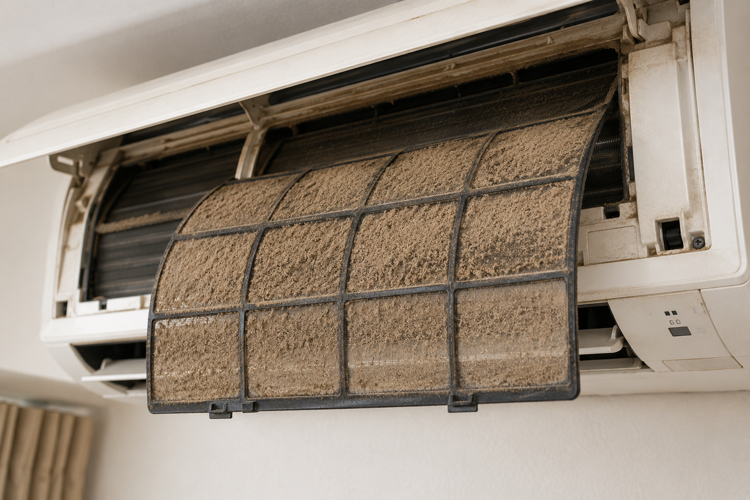 [IMAGE 2 — position here] Description: A split AC filter covered in desert dust after a sandstorm. Alt text: Split AC filter loaded with desert dust after a UAE sandstorm