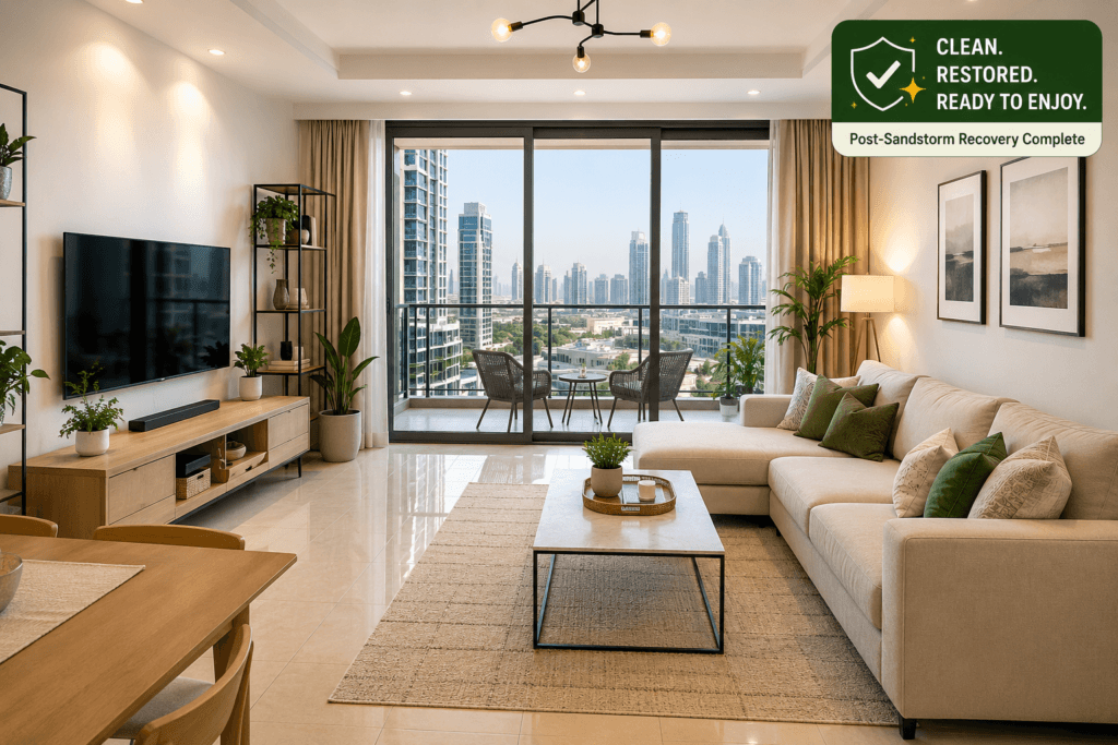 position here] Description: A clean, restored UAE apartment after a full post-sandstorm recovery. Alt text: Clean UAE apartment living room after full post-sandstorm recovery