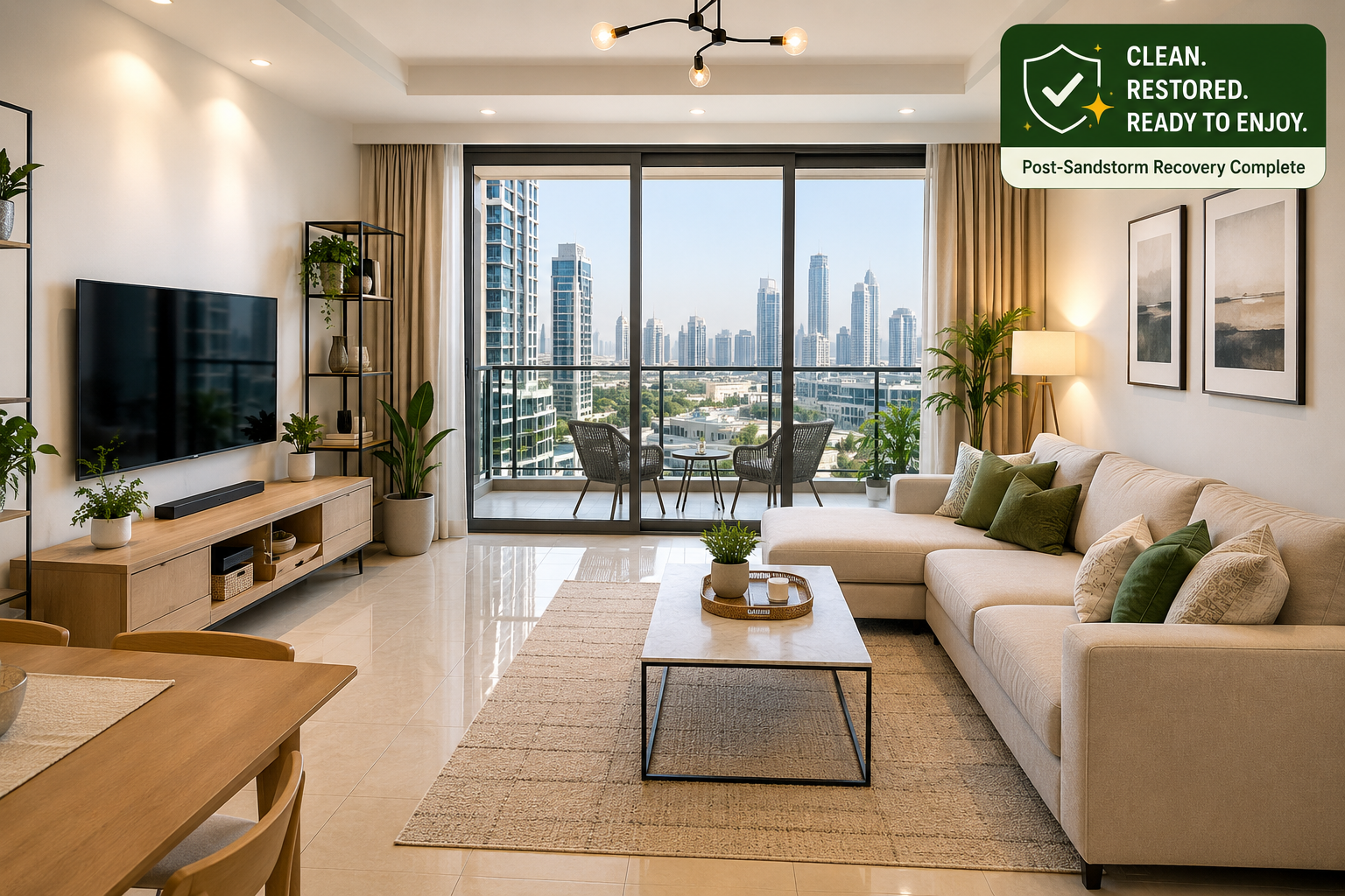position here] Description: A clean, restored UAE apartment after a full post-sandstorm recovery. Alt text: Clean UAE apartment living room after full post-sandstorm recovery