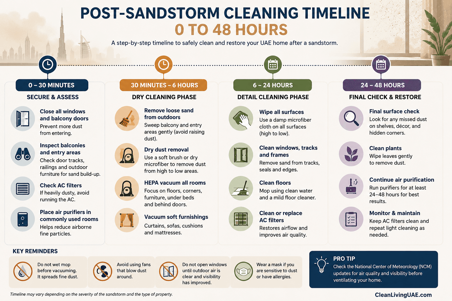 [INFOGRAPHIC 6 — position here] Post-Sandstorm Cleaning Timeline (0 to 48 Hours) Description: A timeline covering the first 0 to 48 hours after a storm, from securing openings to final surface checks. Alt text: Post-sandstorm cleaning timeline from 0 to 48 hours for UAE homes