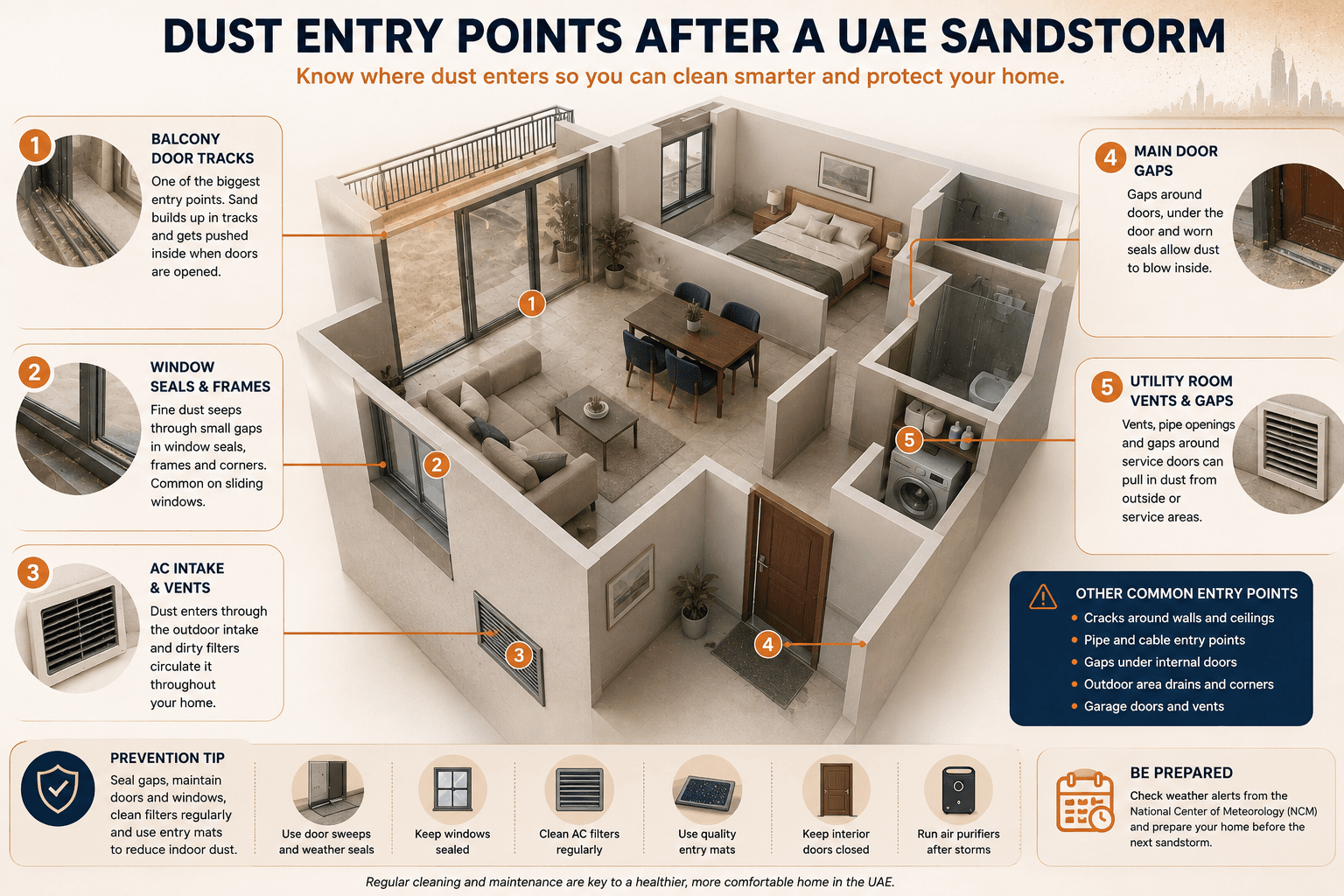 [INFOGRAPHIC 9 — position here] Dust Entry Points After a UAE Sandstorm Description: A diagram showing the main dust entry points after a storm, including balcony tracks, window seals, AC intake, main door gaps, and utility room vents. Alt text: Dust entry points after a UAE sandstorm including balcony tracks and window seals