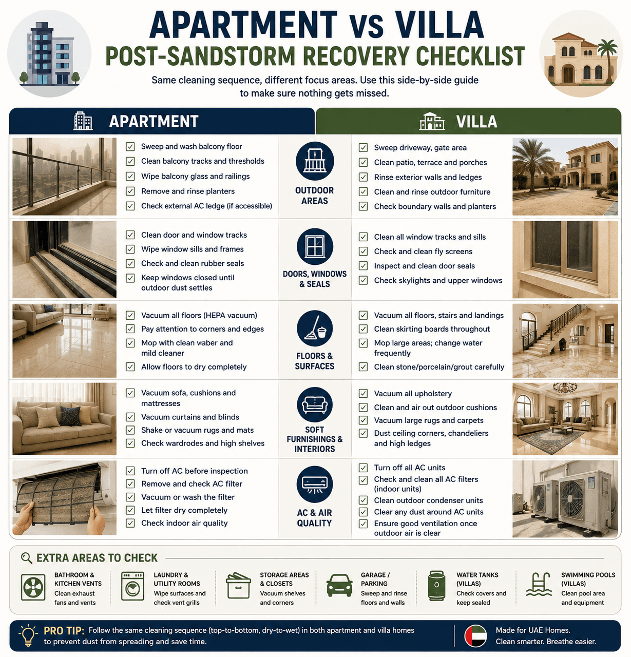 [INFOGRAPHIC 2 — position here, between the apartment and villa checklists] Apartment vs Villa Recovery Checklist Description: A side-by-side comparison of apartment and villa post-sandstorm recovery checklists. Alt text: Apartment versus villa post-sandstorm recovery checklist for UAE homes