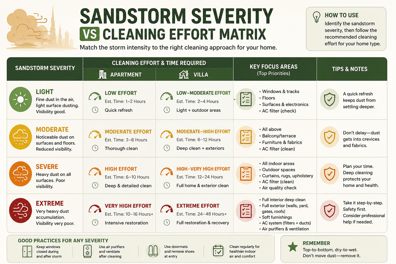 [INFOGRAPHIC 4 — position here] Sandstorm Severity vs Cleaning Effort Matrix Description: A matrix showing sandstorm severity against required cleaning effort for apartments and villas. Alt text: Sandstorm severity versus cleaning effort matrix for UAE homes