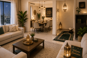 Ramadan cleaning preparation UAE home with organised living room dining area and prayer space.