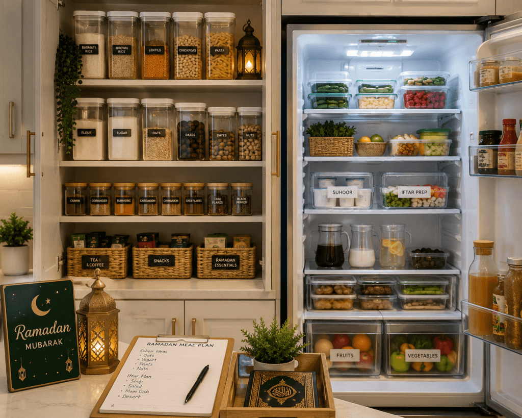 Organised pantry and refrigerator prepared for Ramadan meal planning in a UAE kitchen