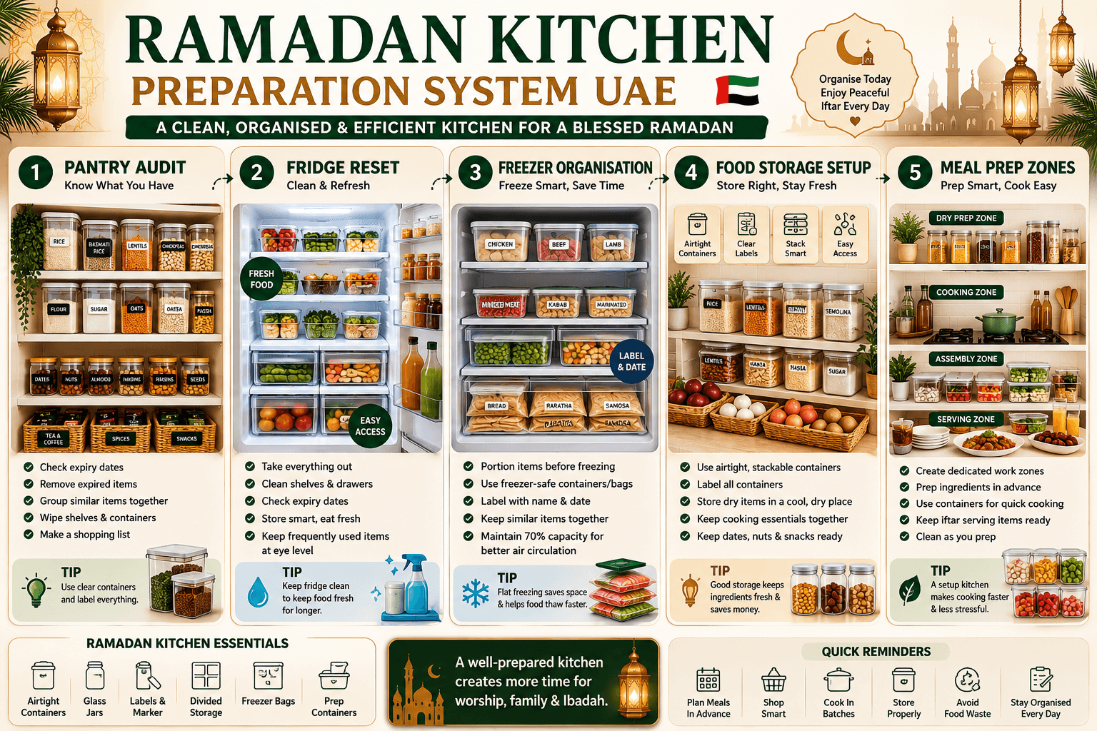 Ramadan Kitchen Preparation System UAE: Pantry Audit - Fridge Reset - Freezer Organisation - Food Storage Setup - Meal Prep Zones.