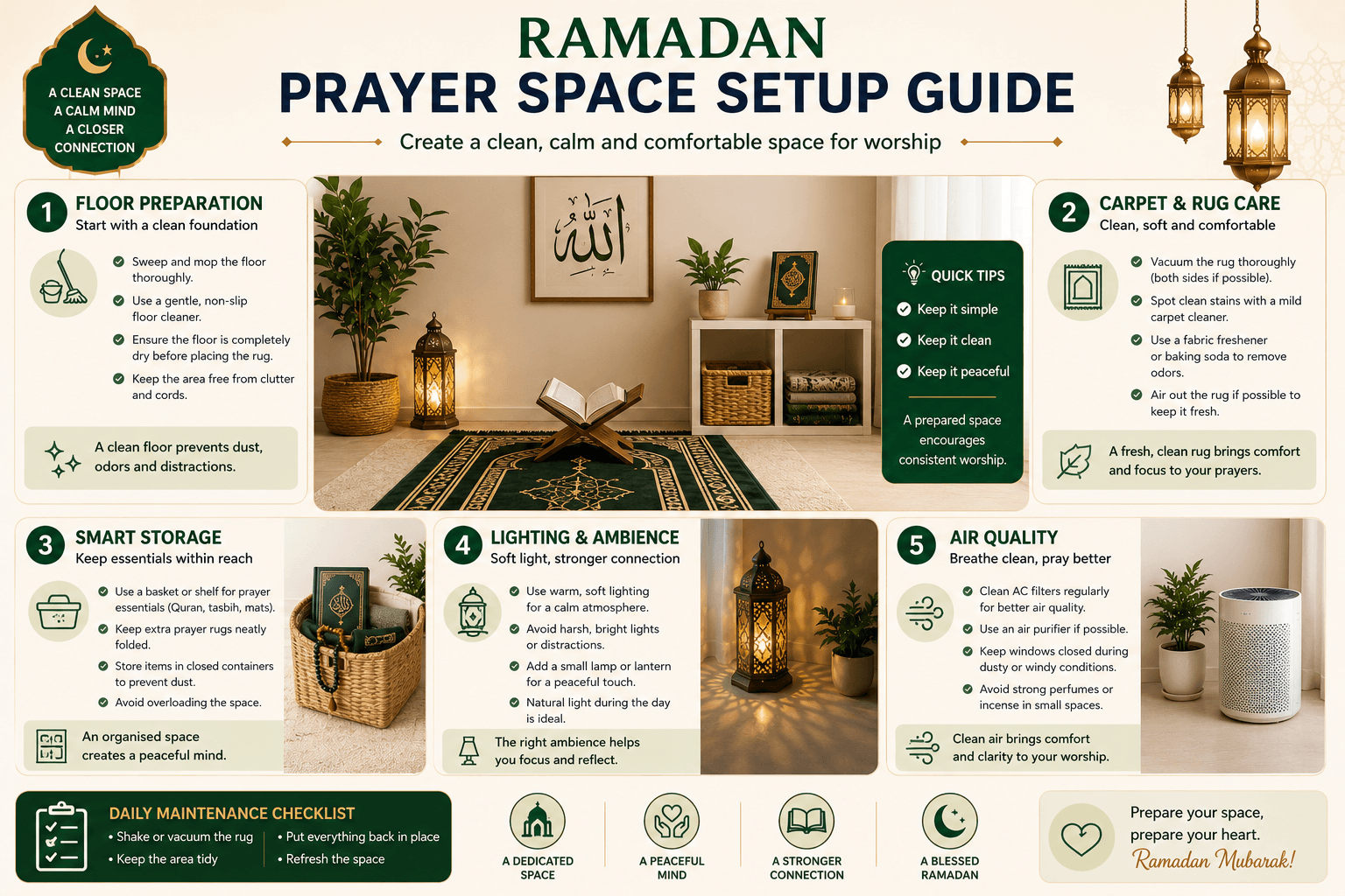 Ramadan Prayer Space Setup Guide: floor preparation, carpet care, storage, lighting, and air quality.