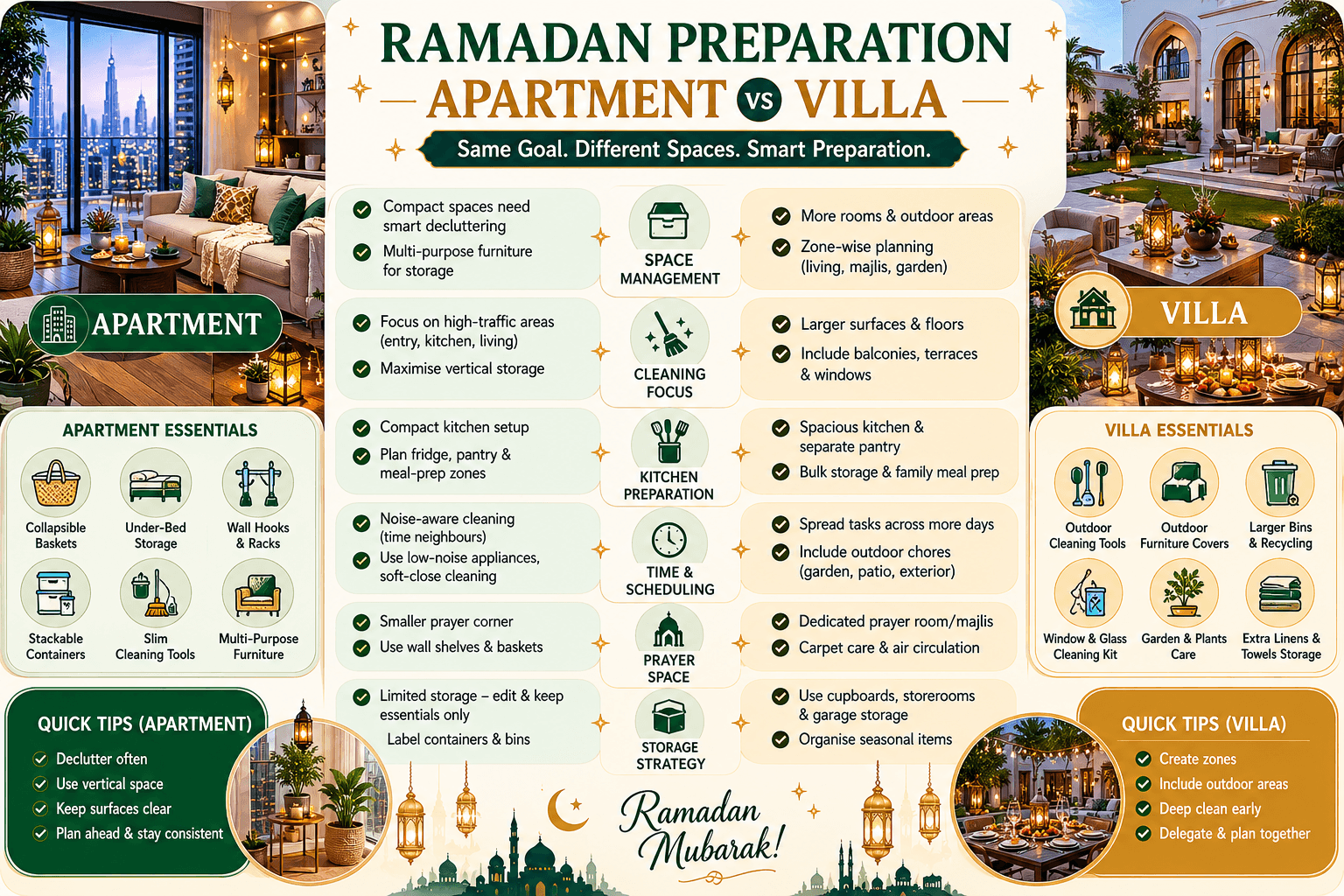 Apartment vs Villa Ramadan Preparation Comparison: side-by-side visual comparison.